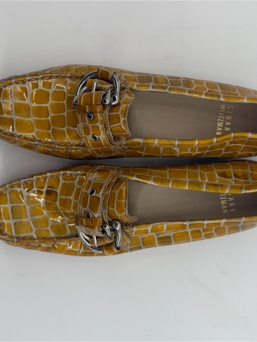 Stuart Weitzman Mustard Croc-Embossed Leather Loafers with Silver Buckle